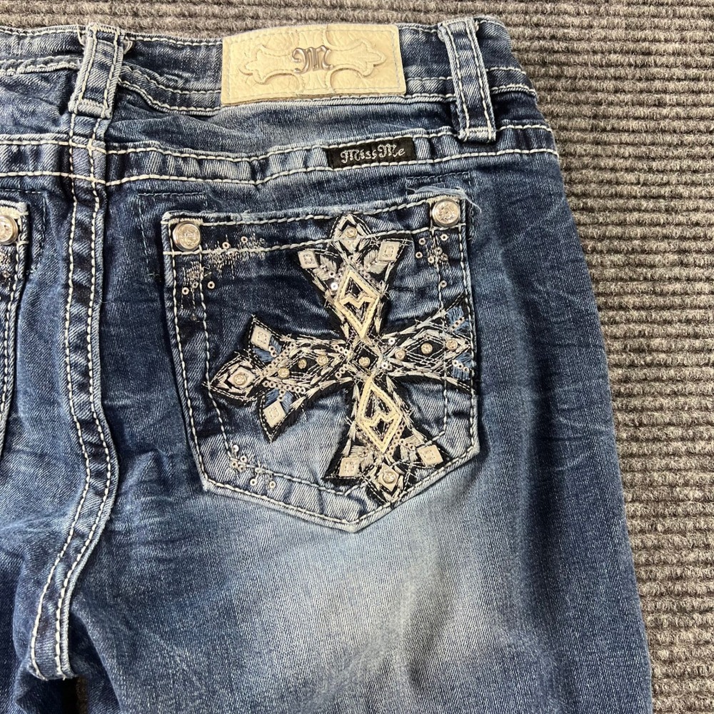 Miss Me Slim Boot Jeans Womens 29 Dark Wash Embellished Cross Distressed M3099SB